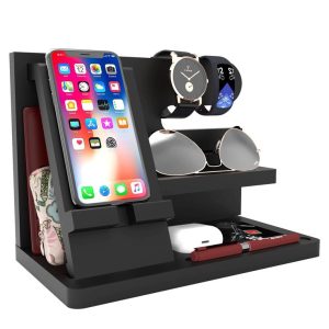 Wooden docking station in use